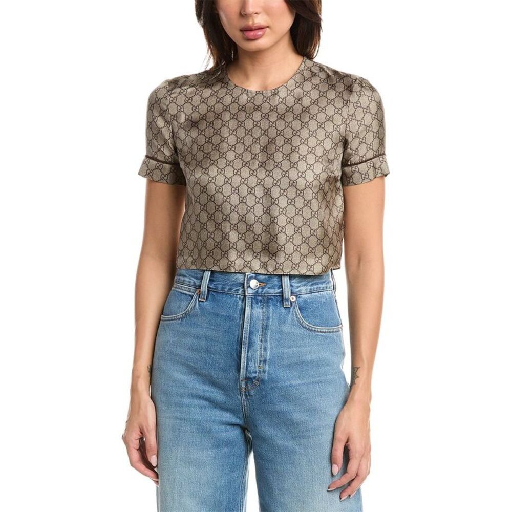 Gucci Womens  Gg Supreme Silk Twill Top, Brown